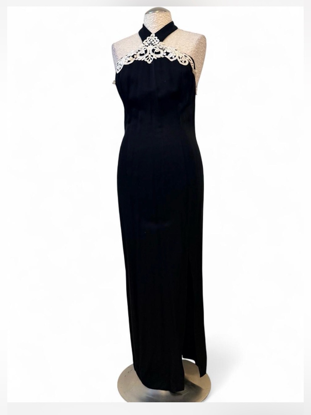 Jessica McClintock Black Maxi Halter Gown with Silver Lace Accent